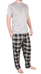 Mens Pyjamas Set Trousers Woven Check Lounge Pants Short Sleeve T Shirts Top (L, Grey - PjamaSet-21)