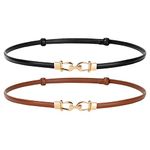 2 Pack Leather Skinny Women Belt for Dresses up Thin Waist Belts with Golden Buckle(Waist size below 37",H-Black+Brown)