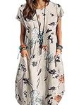 ZANZEA Women Short Sleeve Dresses T-Shirt Plus Size Dress Sexy Casual Loose Beach Printed Sundress with Pockets 06-Beige M