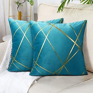 Fundas Cojines 40x40Cm Terciopelo Cojín Azul Eléctrico Decorativo Geométrico Juego de Cama Cuadrado Cubierta de Almohada Moderna para Sala de Estar Dormitorio Sofá 2 Piezas