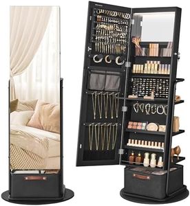 SONGMICS 360° Swivel Mirrored Jewelry Cabinet with Lights, Full-Length Mirror with Jewelry Storage, Standing Jewelry Armoire Organizer, with Large Storage Basket, Makeup Shelf, Ink Black UJJC018B01