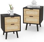 HOPUBUY Nightstands Set of 2 with Rattan Drawer, Modern Night Stand for Bedrooms, Wooden 2 Drawer Bedside Table Nightstand for Bed Small Place and Bedroom (Black, 2 Drawers 2 Pack)