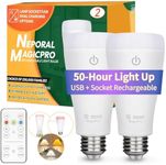 Neporal MAGICPRO Rechargeable Light Bulbs with Remote, Socket & USB Rechargeable, Up to 50H Battery Life, 3-Color Shifts, Stepless Dimming, A19 700LM LED Battery Light Bulb Emergency Light Bulb, 2PK