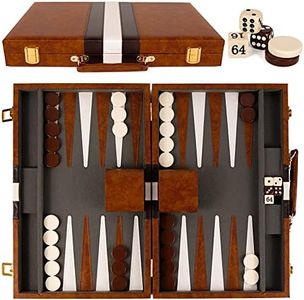 Backgammon Set - 15 Inch Classic Backgammon Board Game Sets Handheld - Backgammon Sets for Adults and Kids - Brown Faux Leather Case - Instruction