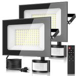 papasbox 2 Pack 100w Led Motion Sensor Flood Light - 10000lm 6500k Daylight Whie Ultra Thin Security Lights Outdoor with Remote Control and Plug IP65 Waterproof Floodlight for Work Garage House Porch