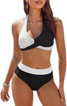 AI'MAGE Women's High Waisted Bikini Sets Tummy Control Swimsuits 2025 Two Piece Bathing Suits Color Block HalterSwim Suits, Black and White, XL