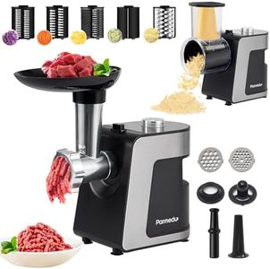 Parmedu Electric Cheese Grater & Meat Grinder: 2 in 1 Vegetable Cutter Veggie Slicer Vegetable Shredder Chopper Kitchen Grater Salad Maker Meat Mincer Sausage Maker & Kibbeh Kit (Total 12 Attachments)