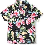 OCHENTA Big Boy's Floral Hawaiian Shirt, Short Sleeve Button Down Casual Beach Aloha Party Tops Black Red 160CM - 10-11 Years