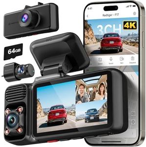 REDTIGER 4K 3 Channel Dash Cam, 5GHz WiFi Built-in GPS with 64GB Card, 2160P+1080P+1080P Front and Rear Inside, Triple Car Camera with 3 Inch Screen, IR Night Vision, G Sensor, WDR, Parking Mode(F17)