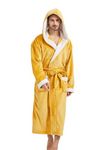 Mens robe with hood Mens Hooded Robe Mens Soft Warm Fleece Plush Robe with Hood Full and Knee Length Bathrobe (CA/US, Alpha, Medium, Large, Regular, Regular, Yellow)