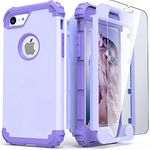 for iPhone 8 Case with Tempered Glass Screen Protector, for iPhone 7 Case, IDweel 3 in 1 Shockproof Slim Hybrid Heavy Duty Hard PC Cover Soft Silicone Rugged Bumper Full Body Case, Purple