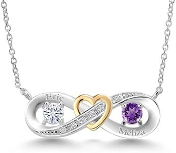 Gem Stone King 925 Sterling Silver & 10K Yellow Gold Customized & Personalized 2 Stone Birthstone & Lab Grown Diamond Heart Interlocking Infinity Symbol Name Engraved Women's Pendant Necklace