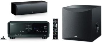 Yamaha RX-V6A 7.2-Channel AV Receiver with MusicCast, 10" 100W Powered Subwoofer, and NS-C210BL Center Channel Speaker Bundle - Enhance Your Home Theater Experience