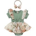 Newborn Baby Girl Romper Dresses Clothes Set Short Sleeve Floral Ruffle Bow Overall Bodysuit Onesie Floral Skirt Hem Outfit (Short Sleeve Green, 0-3 Months)