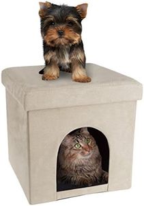 PETMAKER Pet House Ottoman - Collapsible Multipurpose Small Dog or Cat Bed Cube and Footrest with Cushion Top and Interior Pillow by (Microsuede Tan)