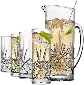 Godinger Barware Beverage Set - Mixing Pitcher Carafe, Stirrer and 4 Collins Tall Drinking Glasses - Dublin Collection