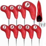 FINGER TEN Golf Club Head Covers for Irons Magnetic Closure Long Cover Value 9pcs/Set, Number Printed both Sides Headcovers Deluxe Synthetic Leather Professional (Red)