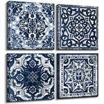 Bedroom Decor Canvas Wall Art Indigo Flower Pattern Prints Bathroom Abstract Pictures Modern Navy Framed Wall Decor Artwork for Walls Hang for Bedroom 4 Pieces Wall Decoration Size 14x14 Each Panel