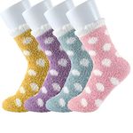 FEPITO 4 Pairs Women Fuzzy Bed Socks Winter Fluffy Cozy Socks Slipper Socks for Ladies (purple,ginger,green,dark pink)