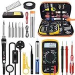 Tabiger Soldering Iron Kit, Soldering Kit with LCD Digital Multimeter, 60W Soldering Iron with 5 Extra Tips, Stand, Desoldering Pump, Solder, Wire Stripper Cutter, Tweezers, Tape, Tool Bag