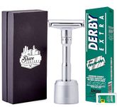 The Shave Factory Adjustable Safety Razor with Double Edge Safety Razor Blades | Traditional Shaving Set for Wet Shaving Enthusiasts (100 Derby Extra Razor Blades, Platinum)