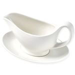 Dinnerlit Gravy Boat with Saucer - 16oz Fine Porcelain Sauce & Salad Dressing Boat (White)