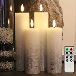 Fanna Set di 4 Candele Pilastro LED a Pile con Effetto Ombré Argento, Natale Decorazione luminosa Uso Interno, H 18 cm / 23cm