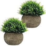 BELLE VOUS Mini Artificial Potted Plants (2 Pack) - Fake Green Grass Topiary Shrubs with Grey Pot - Small Faux Plastic Indoor & Outdoor Home Decor, Office & Bathroom Greenery Decoration