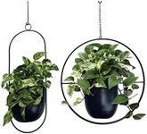 2 Pack Metal Hanging Planters + Hook | Hanging Planters Indoor, Modern Wall & Ceiling Planters, Mid Century Planter for Indoor & Outdoor (Round+Oval)