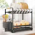 SAYZH Large Dish Drainer Rack, 2 Tier Dish Drying Rack and Draining Board Set, Kitchen Dish Rack with Swivel Drainage Spout/Utensil Holder/Cup Holder for Kitchen Counter, Black