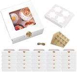25 Pack Cupcake Boxes 4 Hole with Window and Inserts,6.3x6.3x3 Inch White Bakery Boxes with 5 Pack Stickers Bakery Cookie Boxes for Pastries