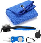 3 in 1 Golf Cleaning Kit, Microfiber Golf Towel with Carabiner, Club Club Brush, Golf Divot Repair Tool with Ball Marker, Ideal Golf Accessories (Blue Brush+Blue Towel+Blue Divot Tool)