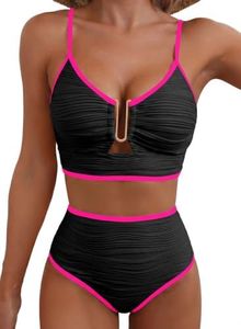 Herseas Womens Textured Bikini Sets Two Piece Sexy U Wired Ruched Push Up Padded Swimsuits Popular Tummy Control High Waisted Cutout Bathing Suits Colorblock Trim Summer 2026 Swimwear Black Small