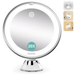 Auxmir Lighted Makeup Mirror, 20X Magnifying LED Mirror with Strong Locking Suction Cup, 360° Rotating 3 Light Colors Dimmable Shaving Mirror with Touch Switch, Portable Illuminated Bathroom Mirror