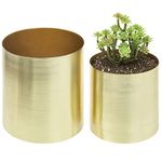 MyGift Modern Brushed Brass Plated Indoor Plant Pot, Cylindrical Metal Vase, 5 and 6 Inch, Set of 2 - Handcrafted in India