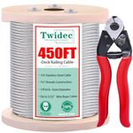 Twidec/450ft 1/8" Deck Railing Cable T316 Stainless Steel Cable 7x7 Steel Wire Rope Construction with Cable Cutter for Deck Railing, Handrail,Stair Cabling,DIY Balustrades N-050-137.2M-450FT