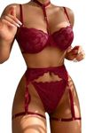 Lilosy Sexy Choker Floral Lace Underwire Push Up Garter Belt Lingerie Set for Women Sheer Bra and Panty 3 Piece, Wine Red, Small