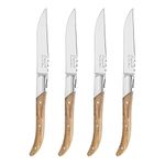 French Home Laguiole Connoisseur Set of 4 Solid Stainless Steel Steak Knives — (Olive Wood) Silverware Set — Laguiole Knives — Wood Steak Knives — 4 Steak Knife Set — Cutlery Set for 4