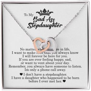 To My Badass Stepdaughter, Interlocking Hearts Necklace, Stepdaughter Gift Necklace Present, Stepdaughter Birthday Christmas Gift Idea, Unique Jewelry Card for Stepdaughter, Message Card with Gift