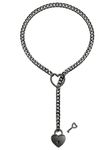 paloli Womens Slip Chain Necklace Heart O-Ring, Punk Rock Cuban Long Necklace Jewelry For Women, Adjustable Lariat Y-Necklace Heart Locker With Key (24'', Black)