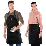 Under NY Sky Barista Apron - Black Leather Straps and Reinforcement - Riveted Pockets - Double Stiched - Leather Ring Loop - Professional Black Twill - Double as Half Bistro Apron - Chefs, Bartender