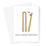 Have A Wicket Birthday! Greeting Card | Red Cricket Ball Knocking Wicket Down, Illustrated Cricket Pun Card for Son, Brother, Nephew, Cousin