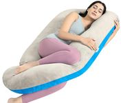 Cherilo Full Body G Shaped Pregnancy Pillow for Maternity & Baby Nursing | Abdomen, Hip, Spine, Neck & Head Support Cushion | Premium Velvet Outer Cover with Zip | CREAM + SKY BLUE