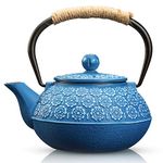 SUSTEAS Cast Iron Teapot, 900ml Tetsubin Japanese Tea Kettle With Infuser For Loose Leaf And Tea Bags, Tea Pot Coated With Enameled Interior, Dark Blue