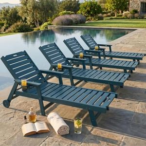 Garvee Lounge Chair Outdoor Set of 4 with Wheels & 5-Position Adjustable Backrest, Oversized Chaise Lounge with 2 Move Handle, HDPE Lounge Chair w/Detachable Cup Holder, for Patio, Pool,Navy Blue