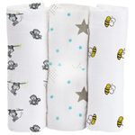 Cottington Lane Muslin Baby Swaddle Set, Printed Muslin Swaddle Wrap for New Born Baby Bath Towel, Pack of 3_Bee, Old Star & Monkey