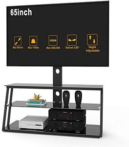 3 Tier Swivel Floor TV Stand, Height Adjustable Bracket Entertainment Stand for 32" to 65" Plasma LCD LED Flat or Curved Screen Multi-Function TV Stand, BlackTempered Glass Television Stands