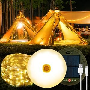Luci Solari da Campeggio, 12M/120LED Luci da Esterno Campeggio, 3600mAh Batteria, Ricaricabile Tramite USB, 8 Modalità Impermeabili, Lampada Campeggio per Interni, Esterni, Natale(Bianco Caldo)