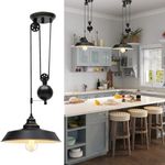 Ganeed Pulley Pendant Light,Adjustable Height Industrial Pulley Lighting,Rustic Ceiling Hanging Light Edison Island Lamp for Farmhouse Dinner Room Kitchen Hallway,Black,E27 Bulb Socket