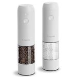 Electric Salt and Pepper Grinder Set with USB Rechargeable, Automatic One Hand Operation with Adjustable Coarseness, Pepper Mill Grinder Refillable with LED Light, Kitchen Gadgets (2 Packs, White)